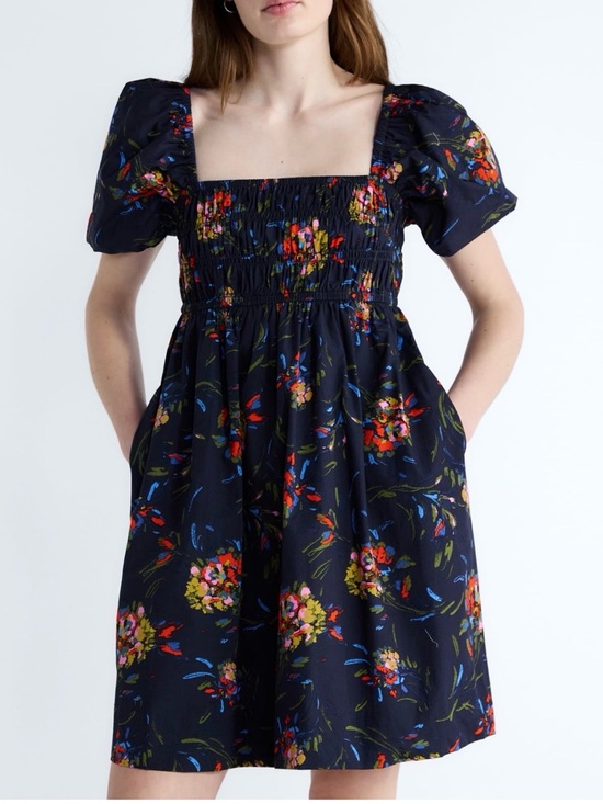Free Assembly Dresses & Skirts - Navy Floral Smocked Square-Neck Dress